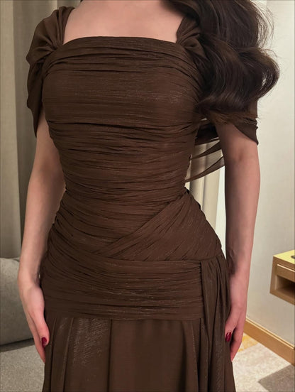Long Brown Ruched Prom Dress Formal Evening Gown