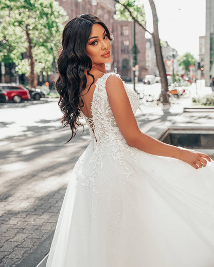 Look Stunning in Amazing Deep V-neck A-Line Floor-length Wedding Dress With Tulle Floral Lace