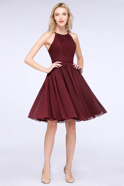Lovely Floral Lace Halter Short Bridesmaid Dress