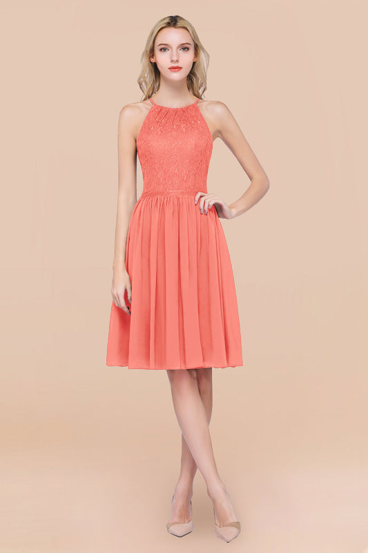 Lovely Floral Lace Halter Short Bridesmaid Dress