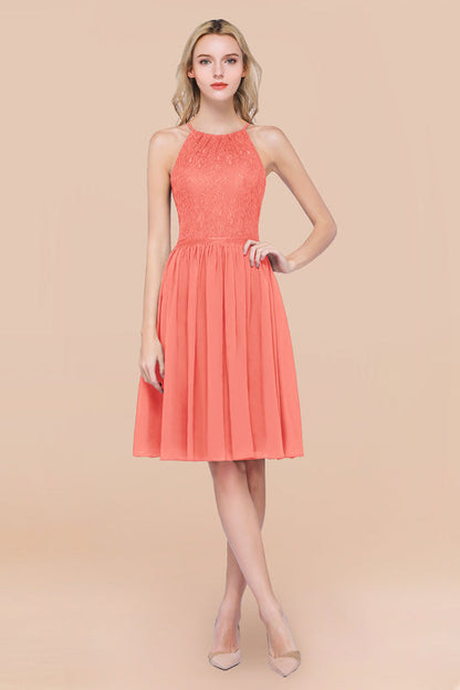 Lovely Floral Lace Halter Short Bridesmaid Dress