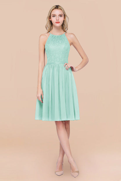 Lovely Floral Lace Halter Short Bridesmaid Dress