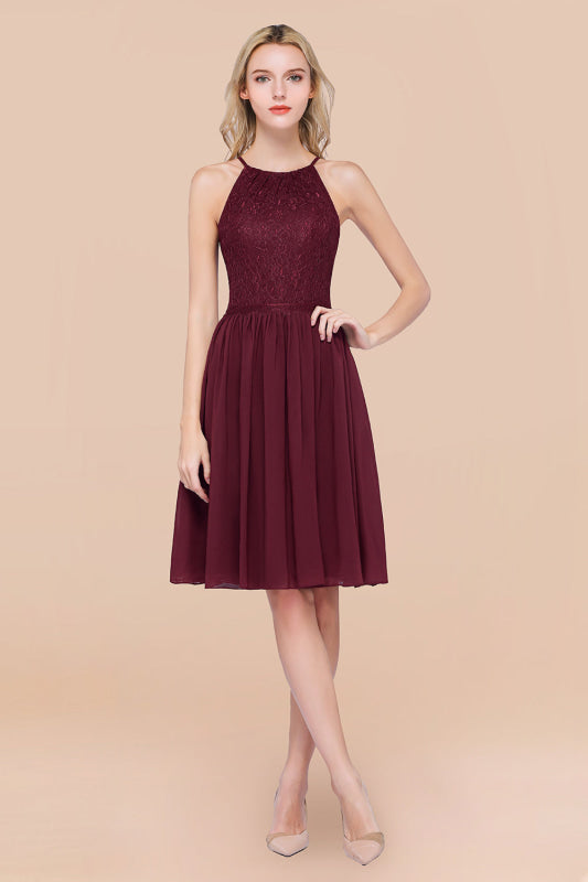 Lovely Floral Lace Halter Short Bridesmaid Dress