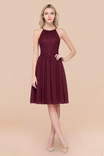 Lovely Floral Lace Halter Short Bridesmaid Dress