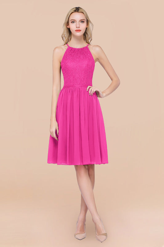 Lovely Floral Lace Halter Short Bridesmaid Dress