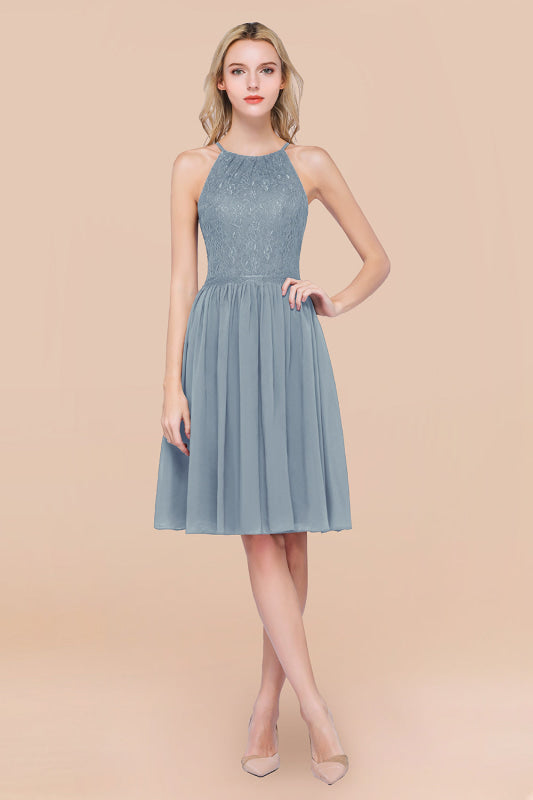 Lovely Floral Lace Halter Short Bridesmaid Dress