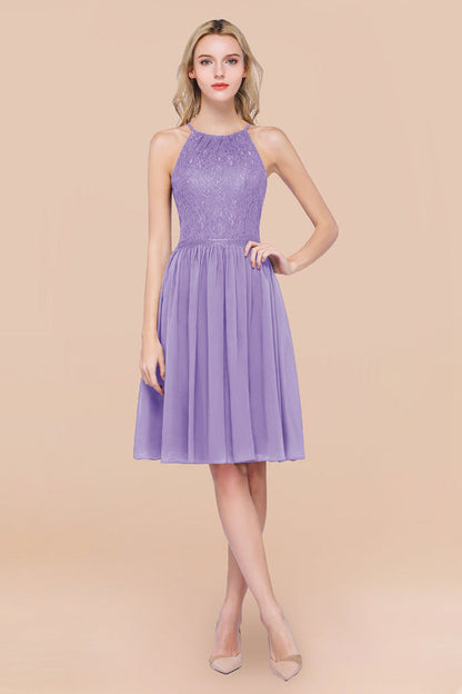 Lovely Floral Lace Halter Short Bridesmaid Dress