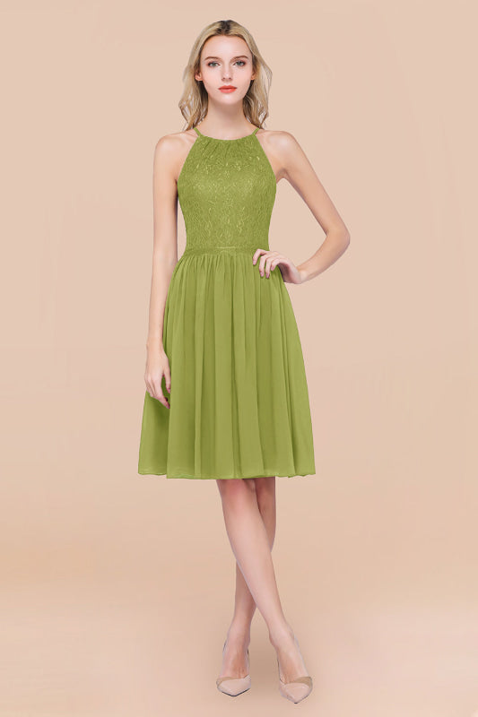 Lovely Floral Lace Halter Short Bridesmaid Dress