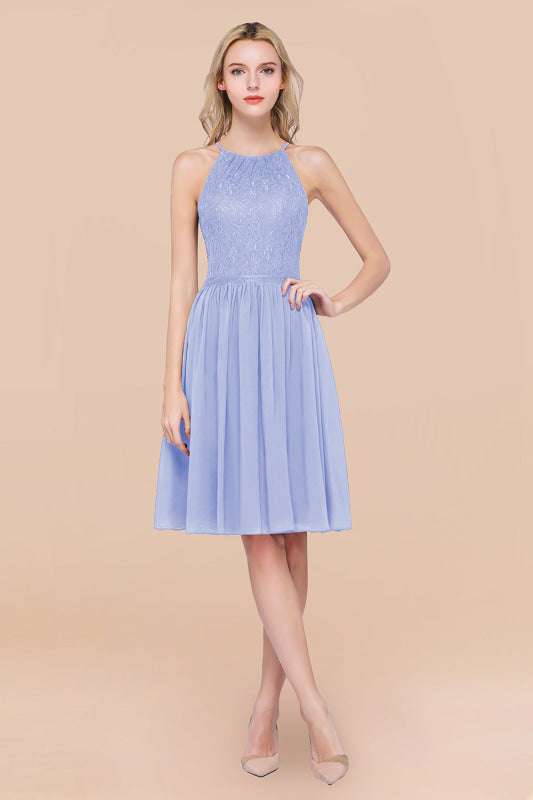 Lovely Floral Lace Halter Short Bridesmaid Dress