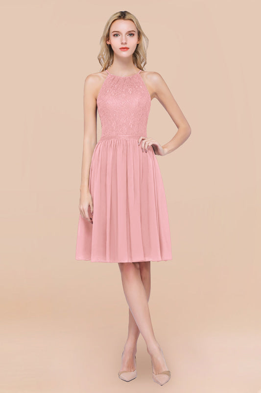 Lovely Floral Lace Halter Short Bridesmaid Dress