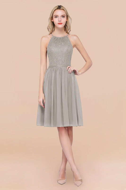 Lovely Floral Lace Halter Short Bridesmaid Dress