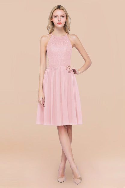 Lovely Floral Lace Halter Short Bridesmaid Dress