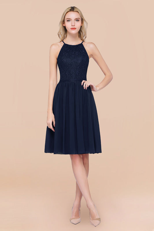 Lovely Floral Lace Halter Short Bridesmaid Dress