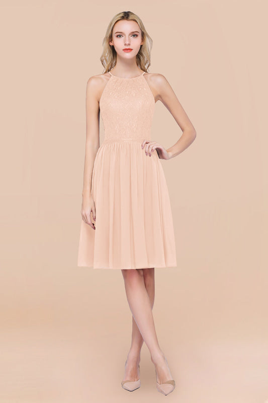 Lovely Floral Lace Halter Short Bridesmaid Dress