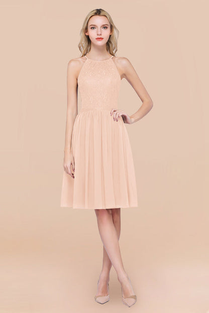 Lovely Floral Lace Halter Short Bridesmaid Dress