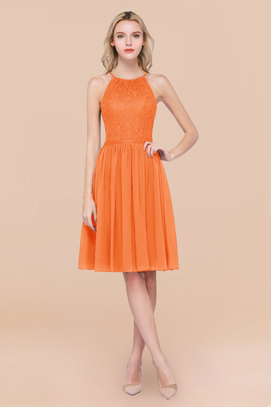 Lovely Floral Lace Halter Short Bridesmaid Dress
