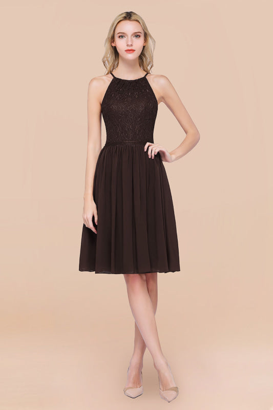 Lovely Floral Lace Halter Short Bridesmaid Dress