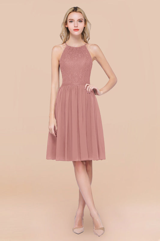 Lovely Floral Lace Halter Short Bridesmaid Dress
