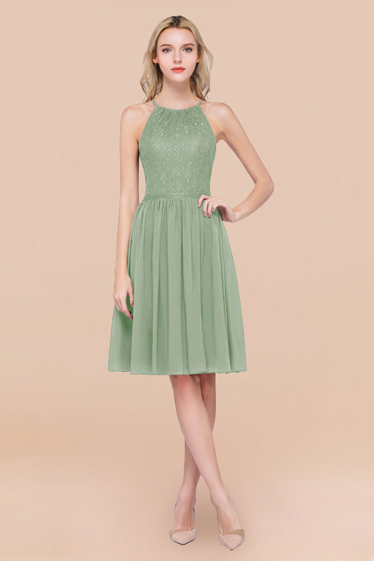 Lovely Floral Lace Halter Short Bridesmaid Dress