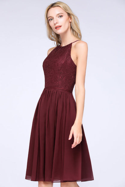 Lovely Floral Lace Halter Short Bridesmaid Dress