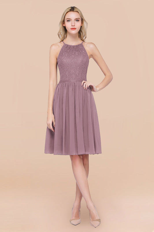 Lovely Floral Lace Halter Short Bridesmaid Dress