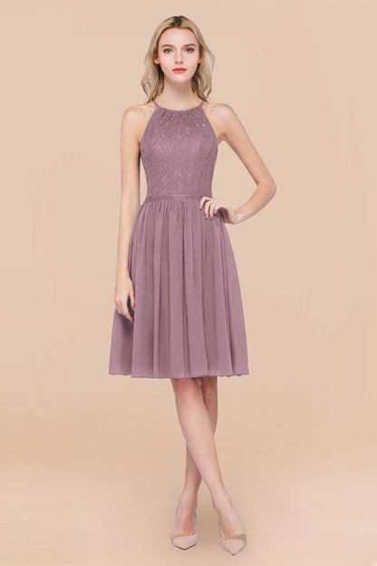 Lovely Floral Lace Halter Short Bridesmaid Dress