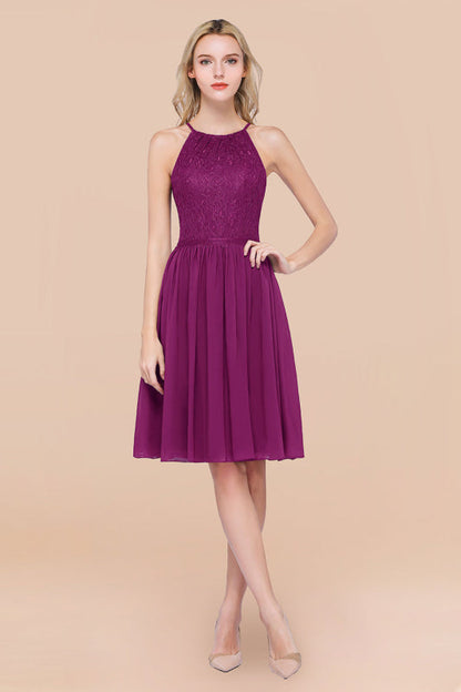 Lovely Floral Lace Halter Short Bridesmaid Dress