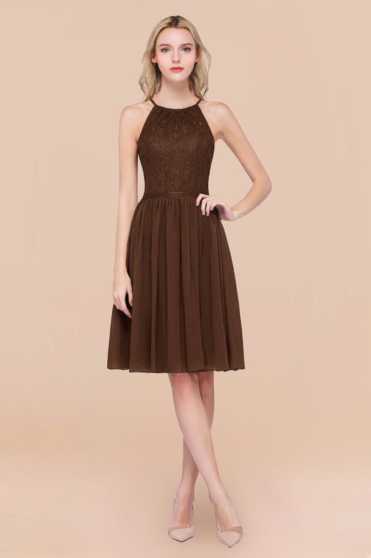 Lovely Floral Lace Halter Short Bridesmaid Dress