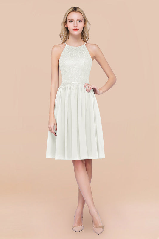 Lovely Floral Lace Halter Short Bridesmaid Dress
