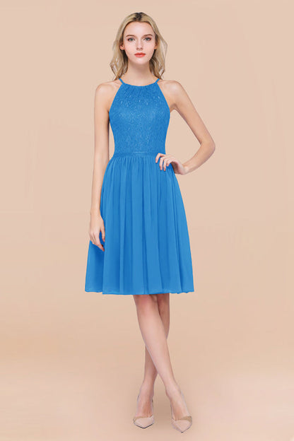 Lovely Floral Lace Halter Short Bridesmaid Dress