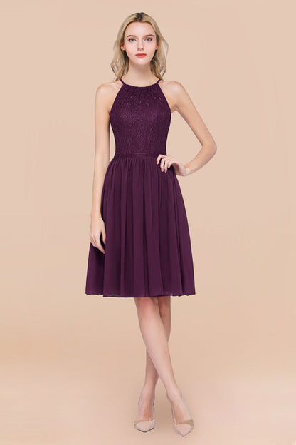 Lovely Floral Lace Halter Short Bridesmaid Dress