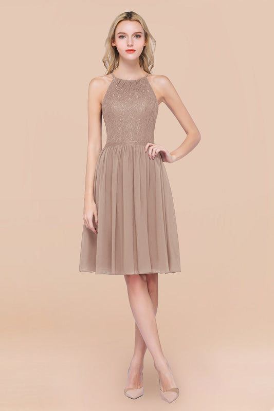 Lovely Floral Lace Halter Short Bridesmaid Dress