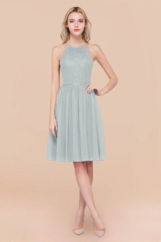Lovely Floral Lace Halter Short Bridesmaid Dress