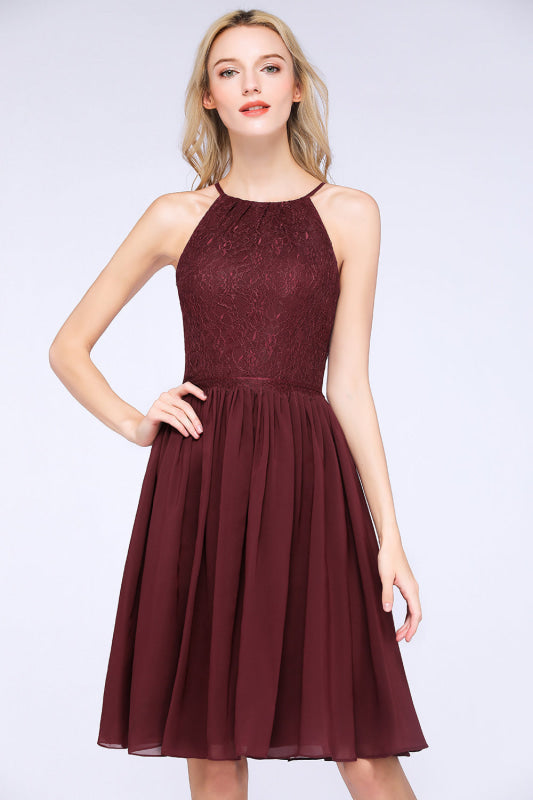 Lovely Floral Lace Halter Short Bridesmaid Dress