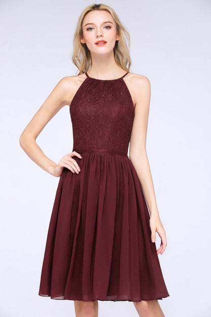 Lovely Floral Lace Halter Short Bridesmaid Dress