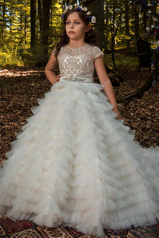 Lovely Lace Appliques Tulle Flower Girl Dress with Long Sleeves