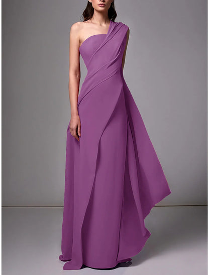 Sheath Evening Gown Red Green Dress Elegant Dress Formal Sweep / Brush Train Sleeveless One Shoulder Chiffon with Pleats Ruched
