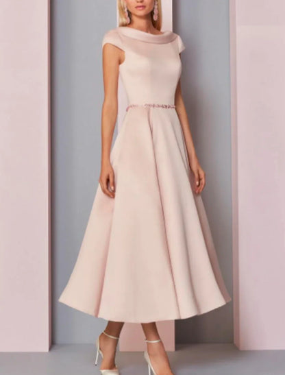 A-Line Mother of the Bride Dress Wedding Guest Plus Size Cowl Neck Ankle Length Satin Short Sleeve with Crystals