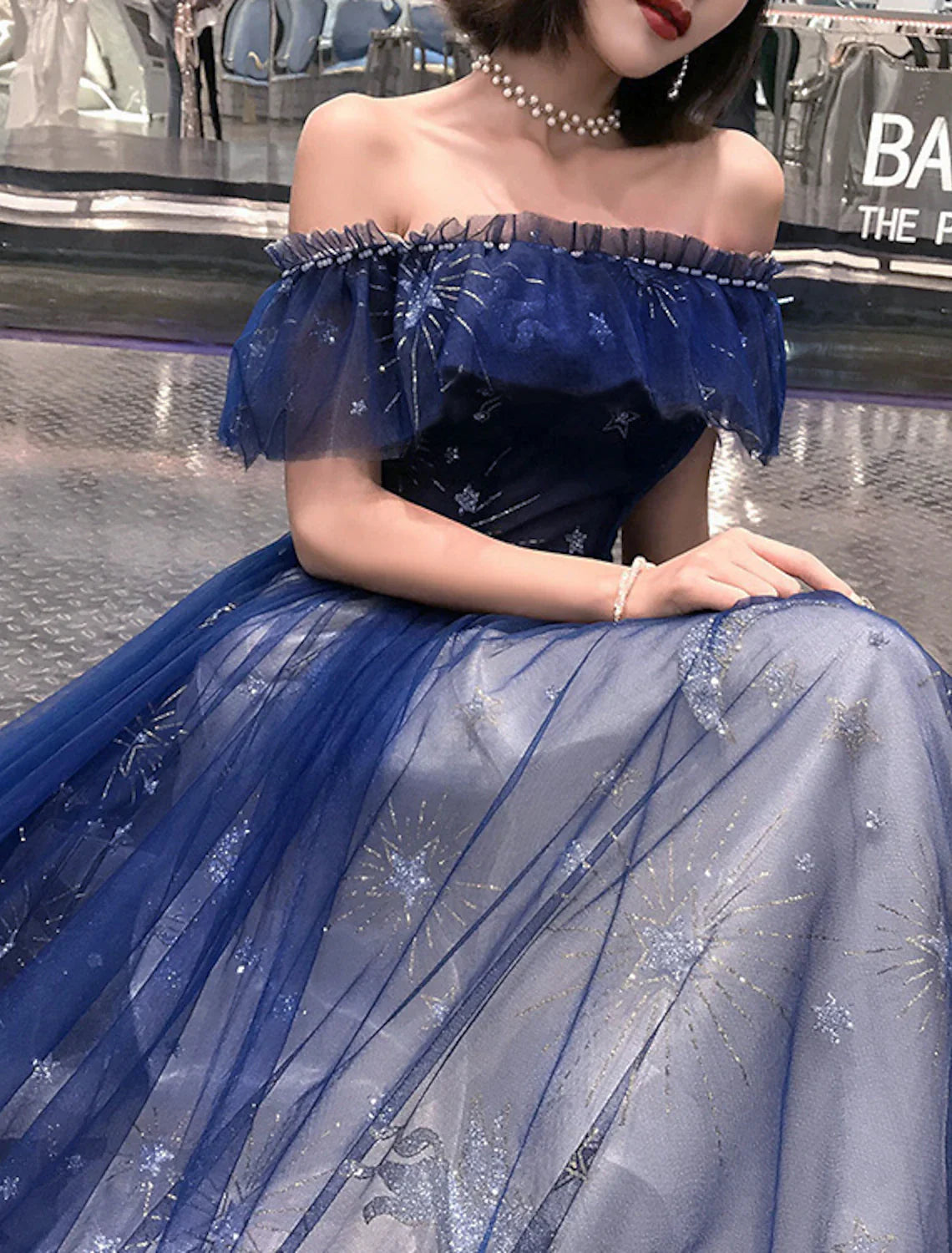 Aimishang A-Line Fairy Prom Dress Sparkle Party Dress Off Shoulder Short Sleeve Floor Length Tulle with Sequins Embroidery Bridesmaid Formal Evening