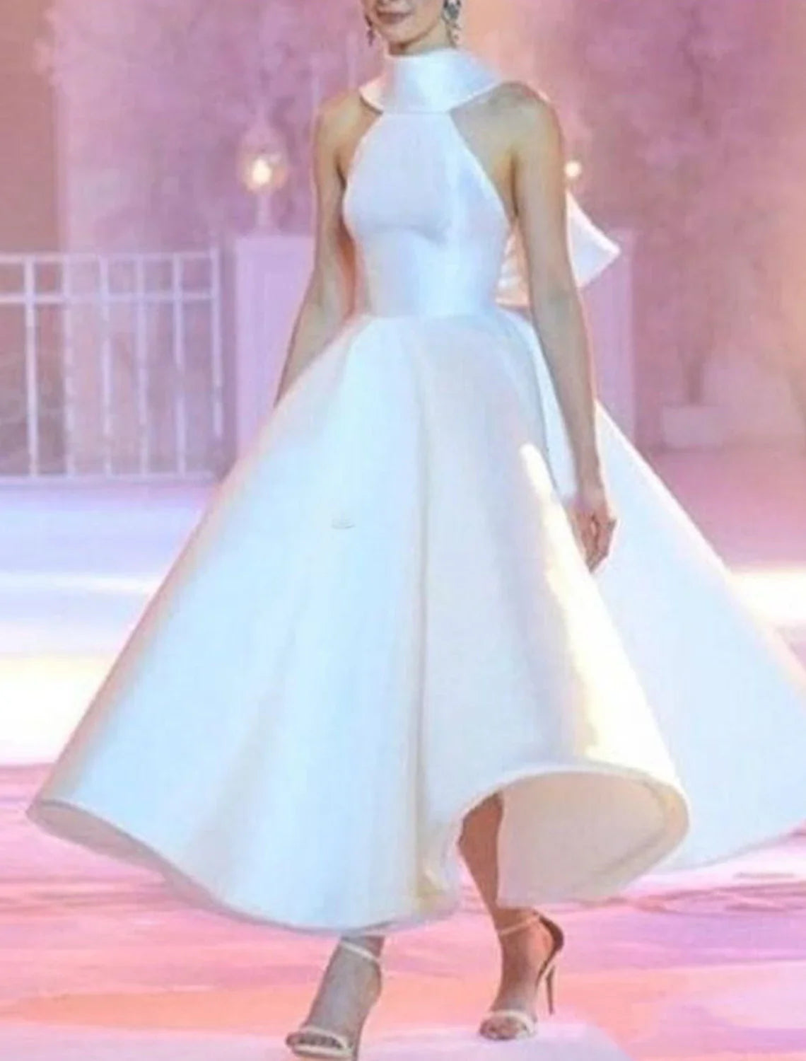 A-Line Prom Dresses Vintage Dress Homecoming Engagement Ankle Length Sleeveless Halter Neck  Satin with Sleek Bow(s)