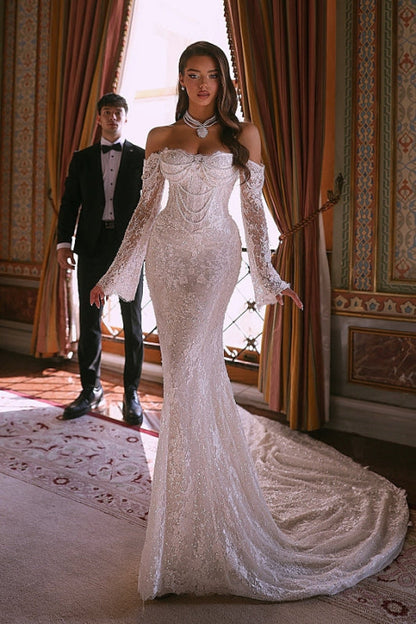 Luxury Off-the-Shoulder Sweetheart Mermaid Wedding Dress with Sleeves