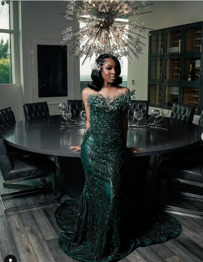 Sparkly One Shoulder Satin Evening Dress Emerald Green Mermaid Prom Dresses