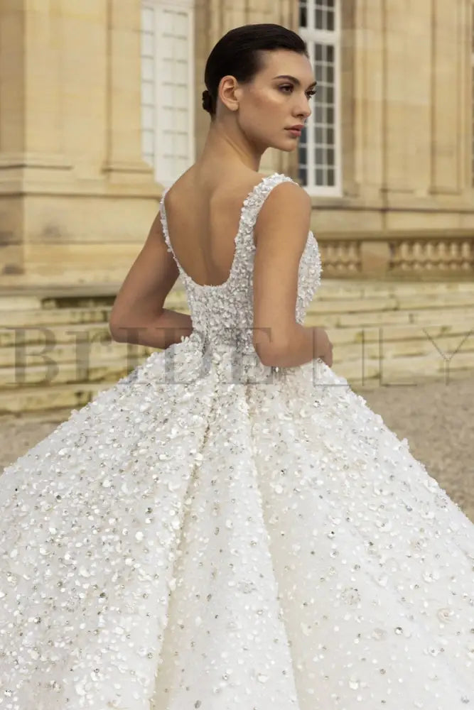 Luxury Square Neck Sequins Ball Gown Wedding Dress | Sleeveless Bridal Gown with Cathedral Train