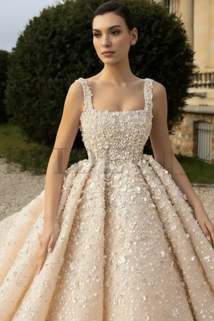 Luxury Square Neck Sequins Ball Gown Wedding Dress | Sleeveless Bridal Gown with Cathedral Train