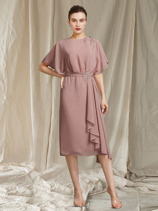 DingjiA-Line Mother of the Bride Dress Elegant Jewel Neck Knee Length Chiffon Short Sleeve with Sash / Ribbon Beading Appliques