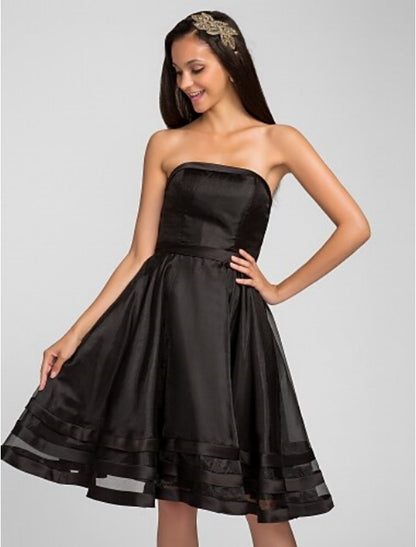 A-Line Strapless Knee Length Organza Bridesmaid Dress with Pleats Ruffles