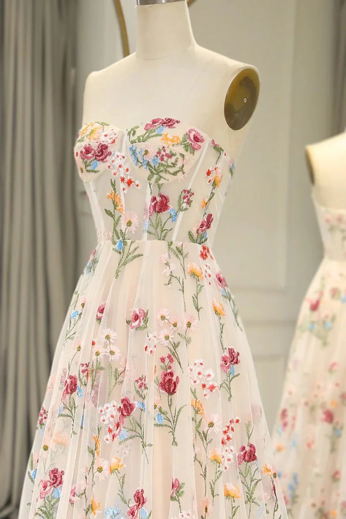 Ivory Floral Tulle Sweetheart Strapless Long Formal Dress, Tulle A-line Prom Dress HZ1024