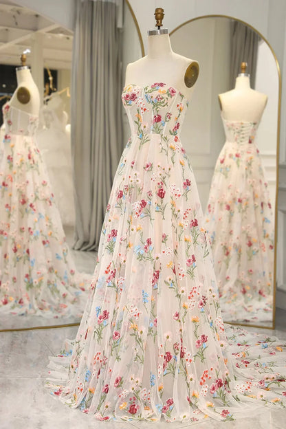 Ivory Floral Tulle Sweetheart Strapless Long Formal Dress, Tulle A-line Prom Dress HZ1024