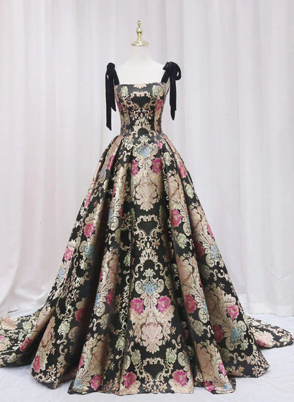 Black Satin Straps A-line Floral Long Formal Dress, Black Evening Dress HZ1024