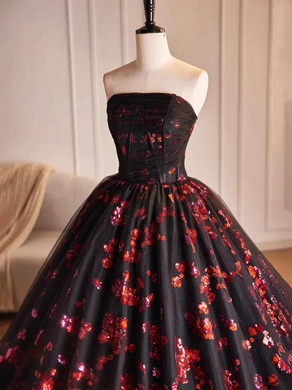 Black and Red Floral Tulle Long Party Dress, Strapless Formal Sweet 16 Dress HZ1024